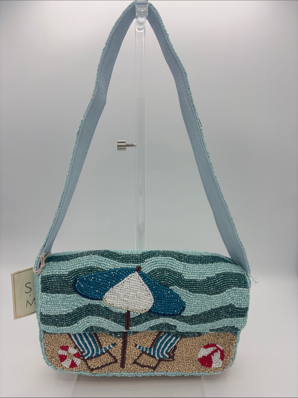 Sol and Mer Beaded Beach Scene Shoulder Bag - Blue and Cream